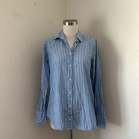 J. Crew Boy Fit Button Up Shirt Cotton Blend Stripe Lightweight Blue White Sz 4 - Picture 1 of 13